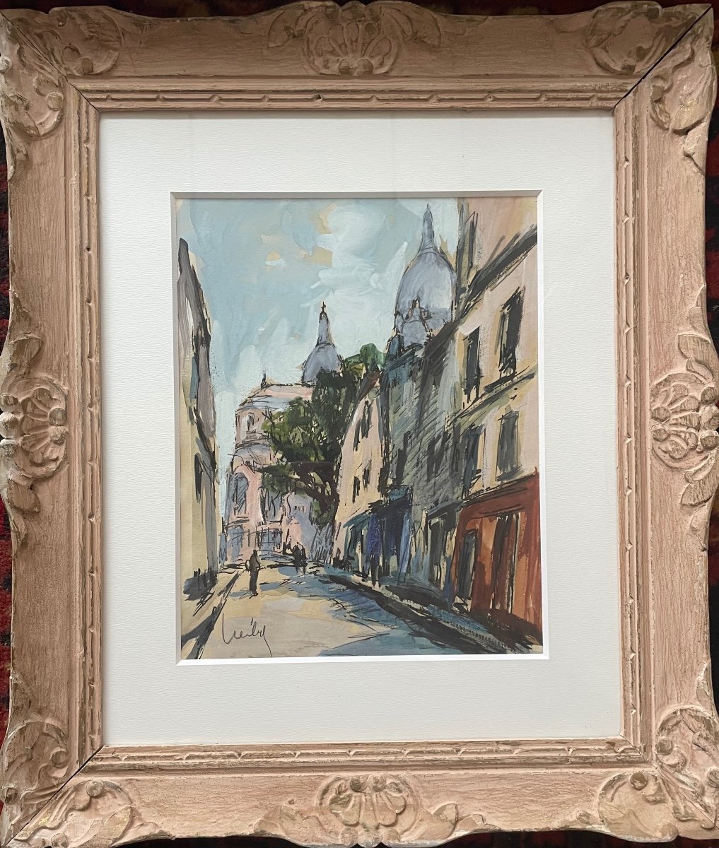 « Montmartre » Sacré Cœur Paris Gouache encadrée  Signée Herbo-photo-2