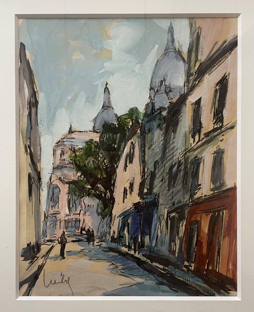 « Montmartre » Sacré Cœur Paris Gouache encadrée  Signée Herbo-photo-3