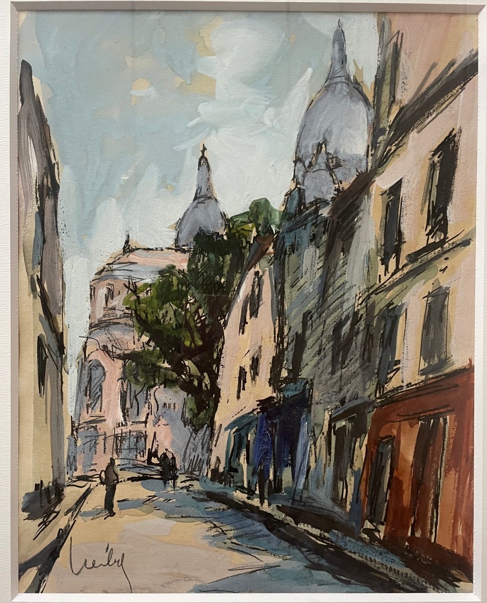 « Montmartre » Sacré Cœur Paris Gouache encadrée  Signée Herbo