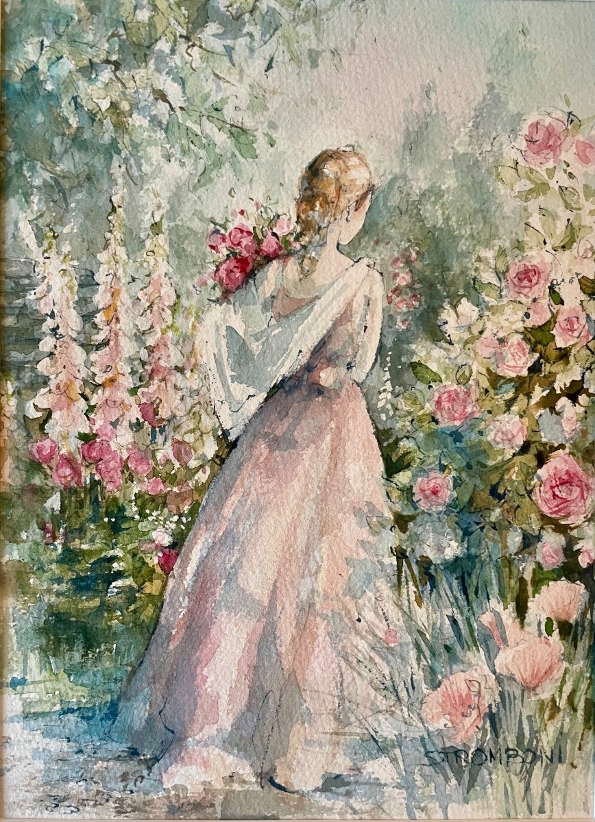 Aquarelle «Jeune Fille au Jardin Fleuri » Signée de l’Artiste Peintre Stromboni-photo-2