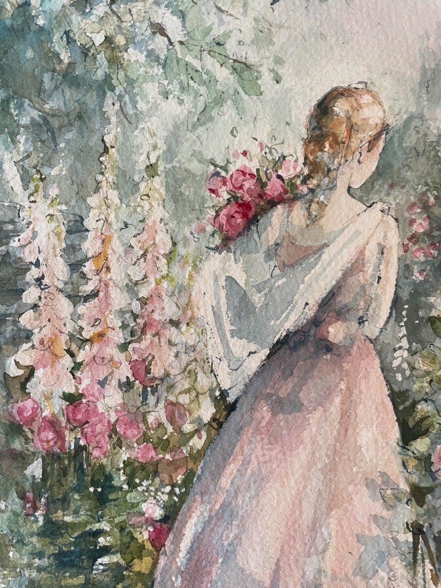 Aquarelle «Jeune Fille au Jardin Fleuri » Signée de l’Artiste Peintre Stromboni-photo-3