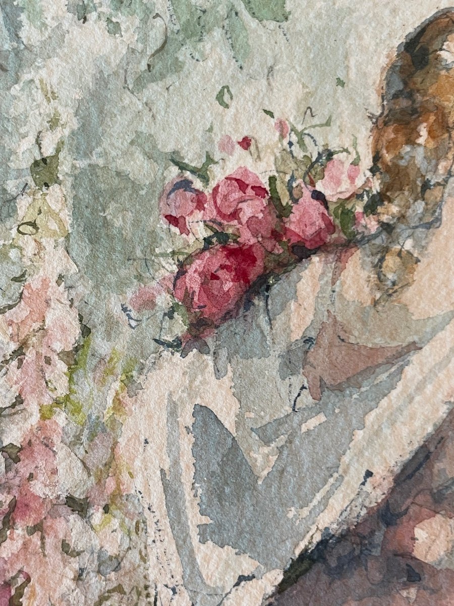 Aquarelle «Jeune Fille au Jardin Fleuri » Signée de l’Artiste Peintre Stromboni-photo-4