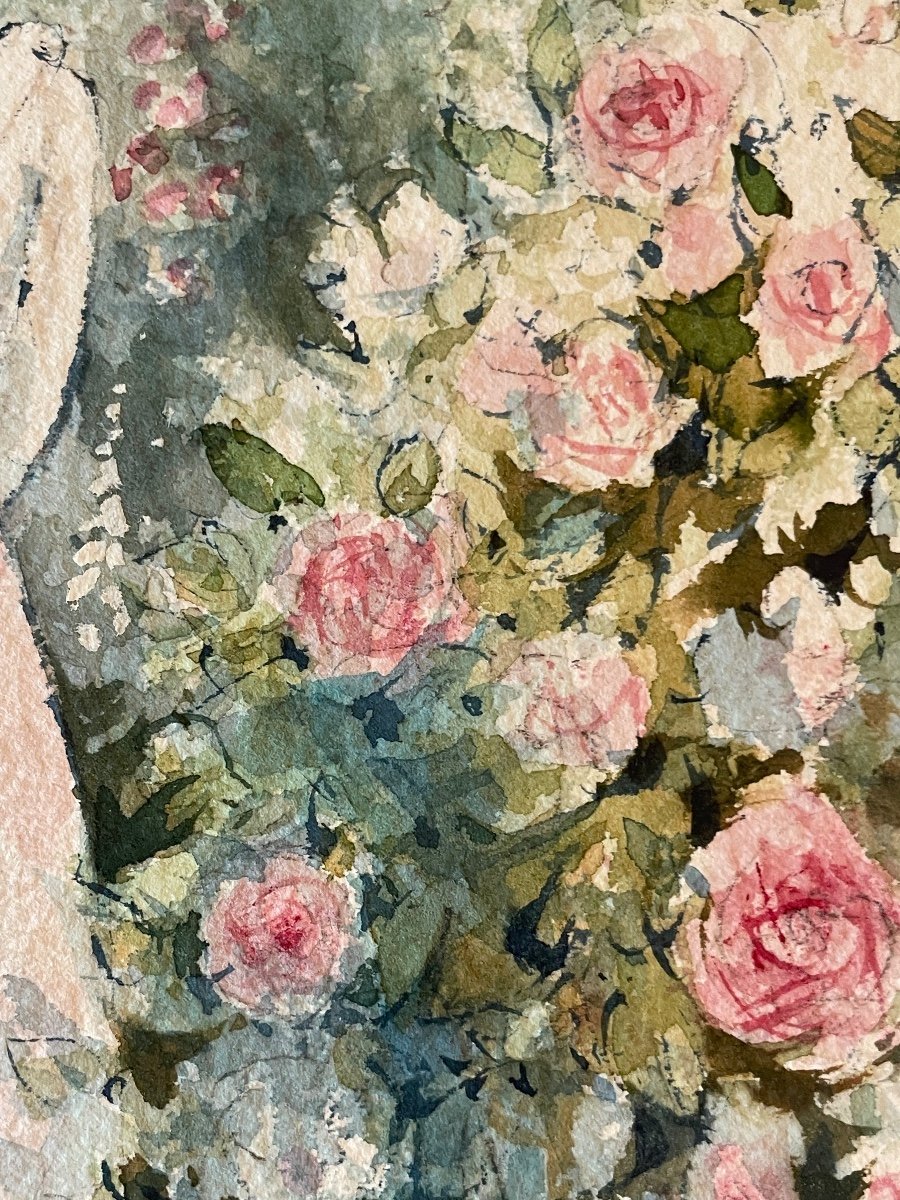 Aquarelle «Jeune Fille au Jardin Fleuri » Signée de l’Artiste Peintre Stromboni-photo-1