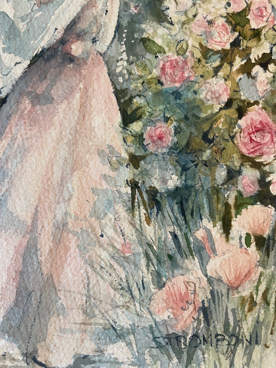 Aquarelle «Jeune Fille au Jardin Fleuri » Signée de l’Artiste Peintre Stromboni-photo-2