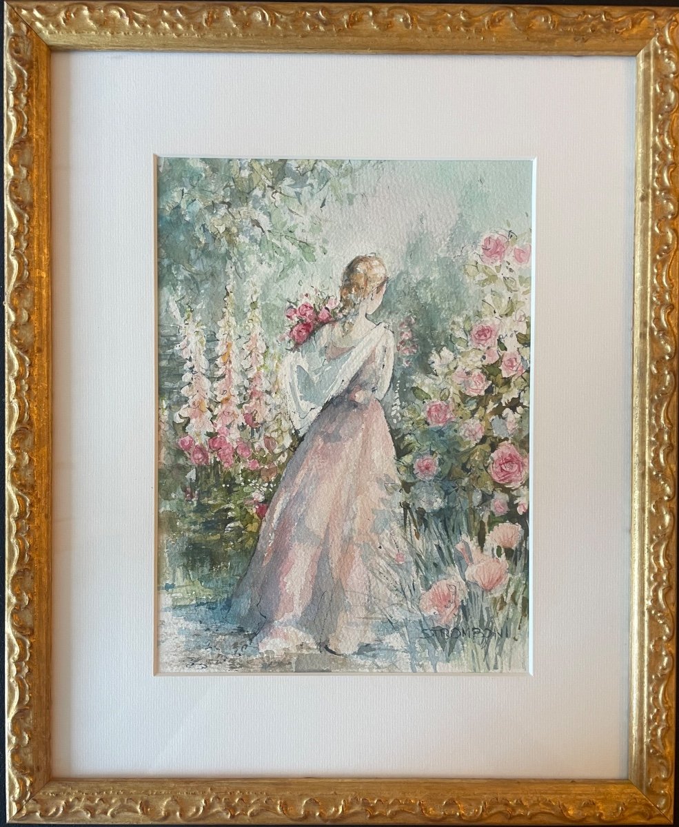 Aquarelle «Jeune Fille au Jardin Fleuri » Signée de l’Artiste Peintre Stromboni