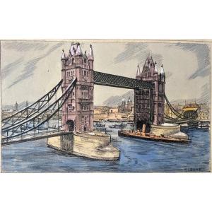 Gouache signé M. Leone  l’architectural « Tower Bridge » Londres 1921