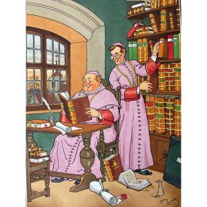 Lithographie Coloriée au Pochoir, Signée Harry Eliott «Les Moines à la Bibliothèque »