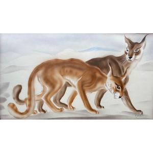 Planche Art Déco , Pochoir Rehaussé de Gouache Signé Bertal « Les Deux Lynx »