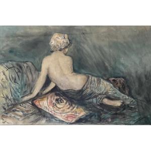 “odalisque” Framed Watercolor From The 1920s, Signed G. Fafin 