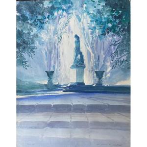 The Gardens Of Versailles, Gouache Format 65x50 Signed Damien