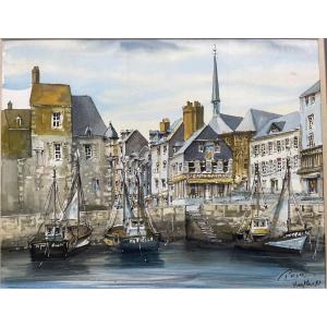 Mixed Technique, Gouache, Watercolor And Ink “port d'Honfleur” Signed Pouxel