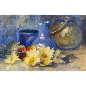 Watercolor “still Life With Daisies” Signed Couvreur