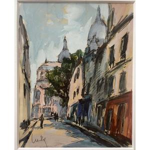 « Montmartre » Sacré Cœur Paris Gouache encadrée  Signée Herbo