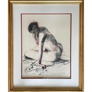 Drawing Charcoal And Red Chalk Pencils “nude” Female Signed And Framed 