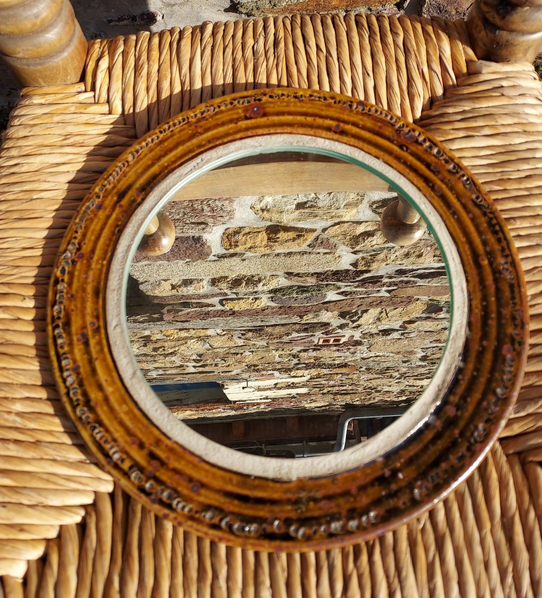 Miroir Rond En Céramique, Grès Pyrité 
