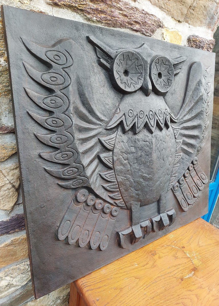 Large Modernist Owl Fireplace Plate Signed Lucas-photo-2