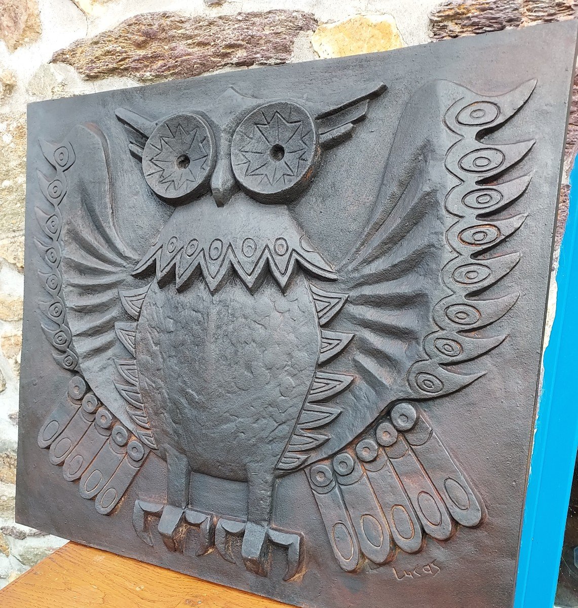 Large Modernist Owl Fireplace Plate Signed Lucas-photo-3