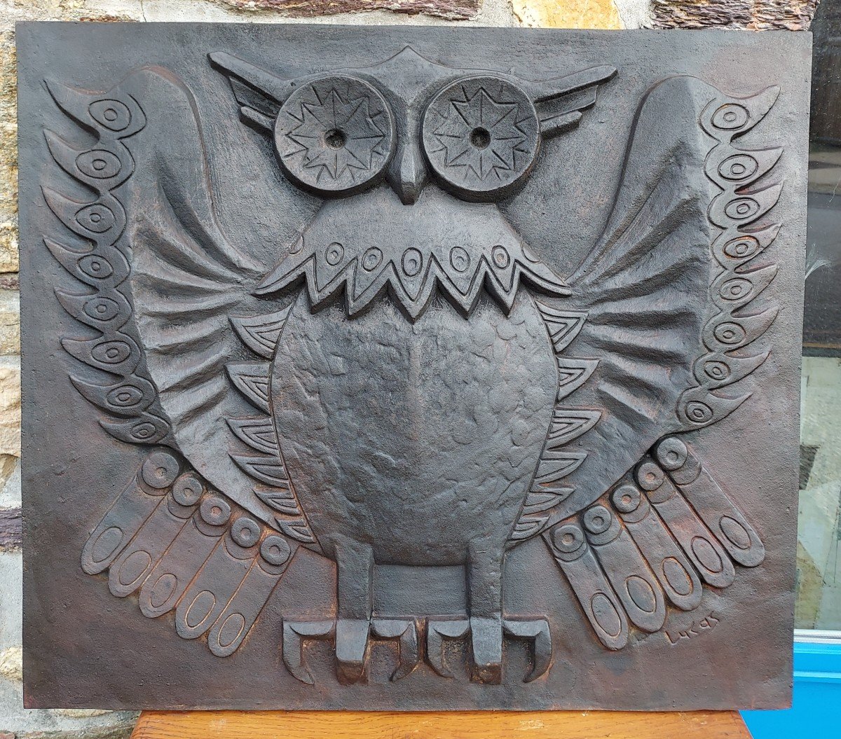 Large Modernist Owl Fireplace Plate Signed Lucas