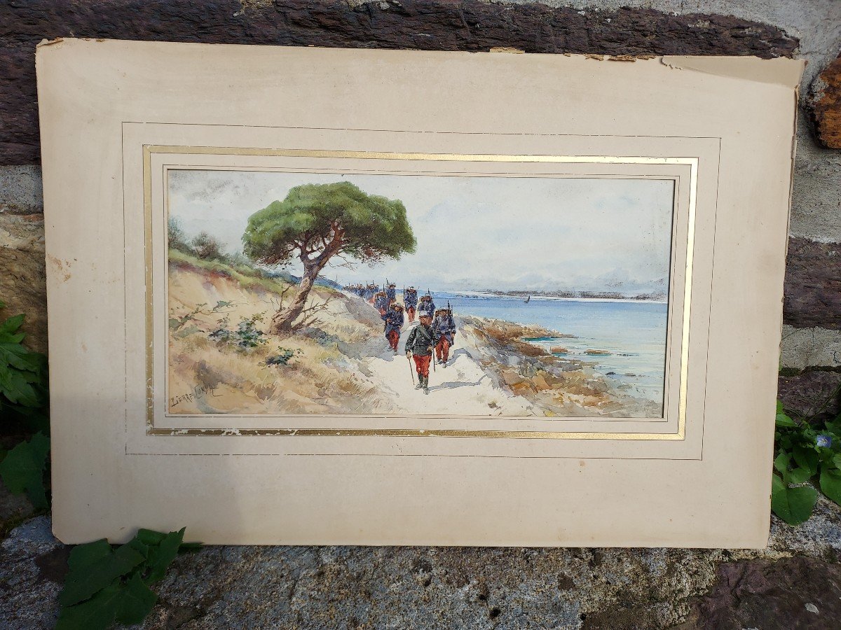 Watercolor Pierre Comba (1859-1934) Soldiers By The Sea (côte d'Azur)-photo-4