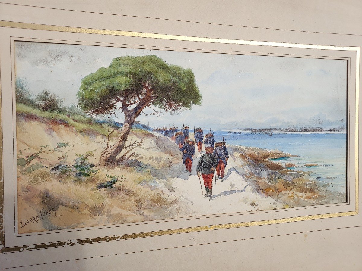 Watercolor Pierre Comba (1859-1934) Soldiers By The Sea (côte d'Azur)