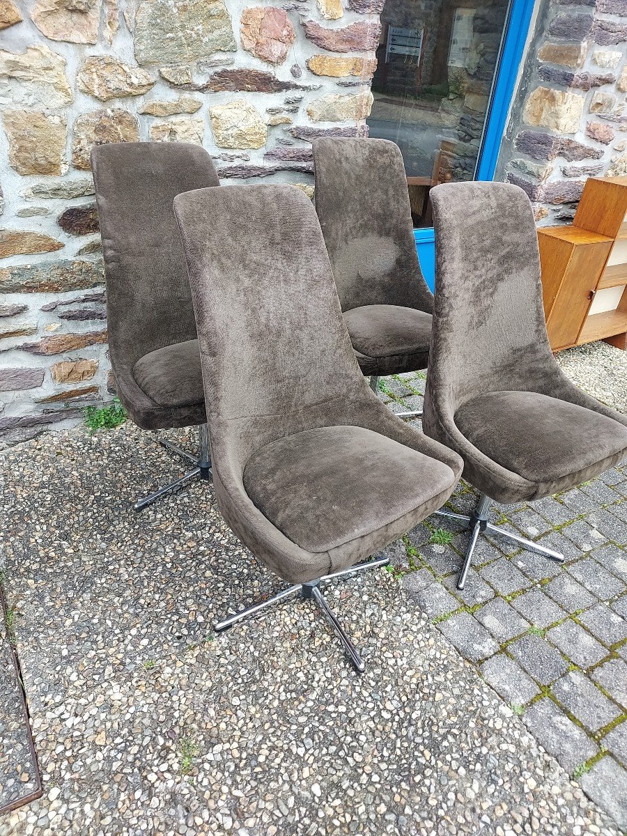 Ensemble De 4 Fauteuils Tournant Pieds Chromés 1970-photo-3