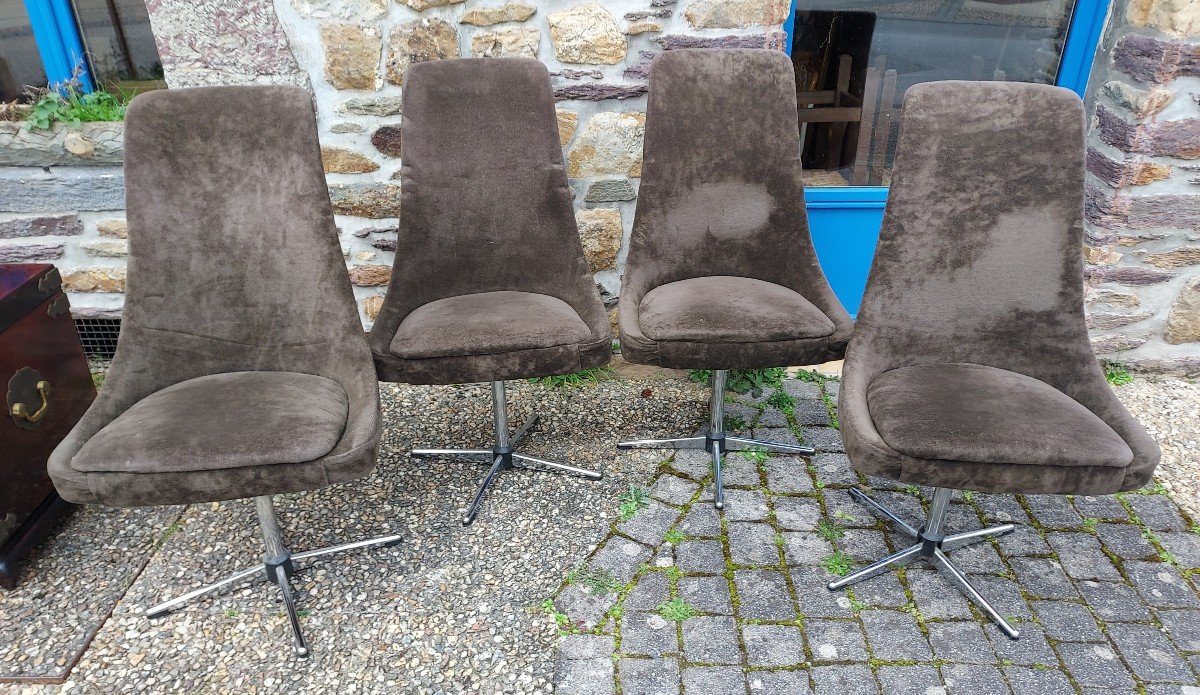 Ensemble De 4 Fauteuils Tournant Pieds Chromés 1970