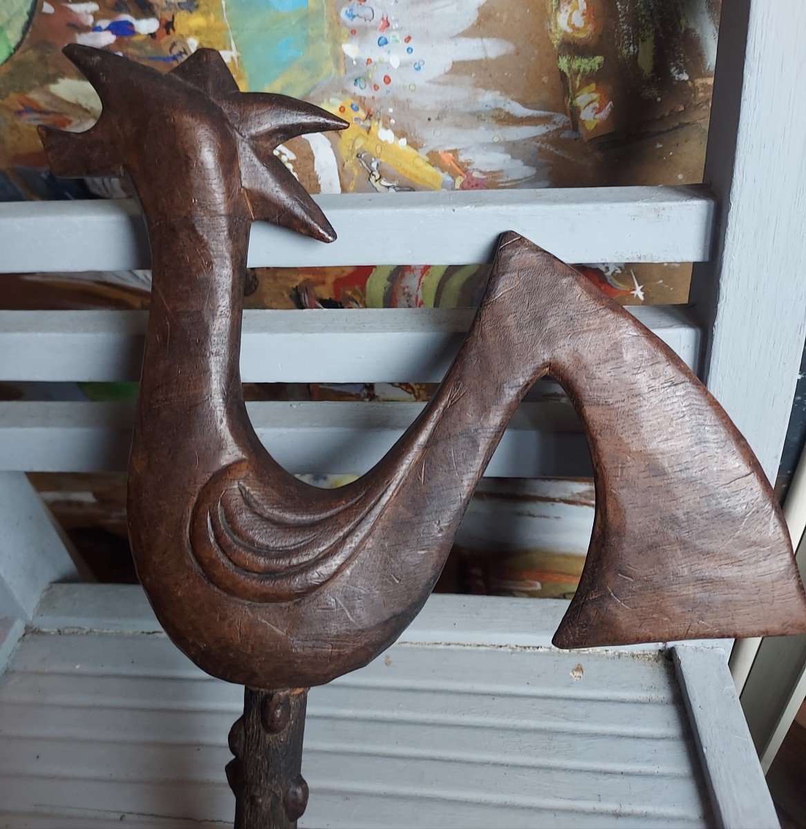 Folk Art Rooster In Carved Wood Art Brut-photo-1