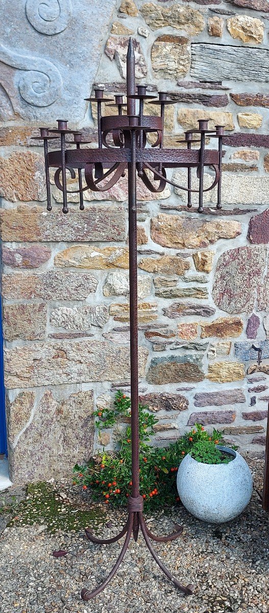 Large Torchère, 12-light Wrought Iron Chandelier 