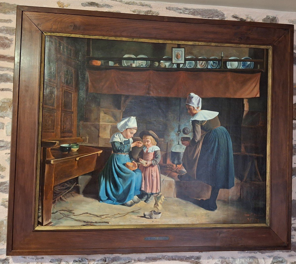 Grande Huile Sur Toile Scène De Genre Bretonne Tableau-photo-2