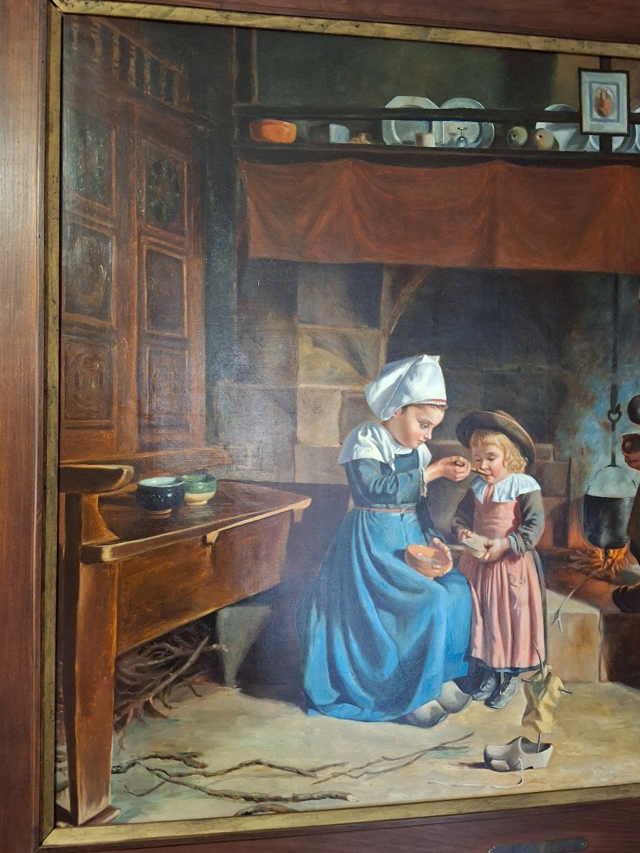 Grande Huile Sur Toile Scène De Genre Bretonne Tableau-photo-3