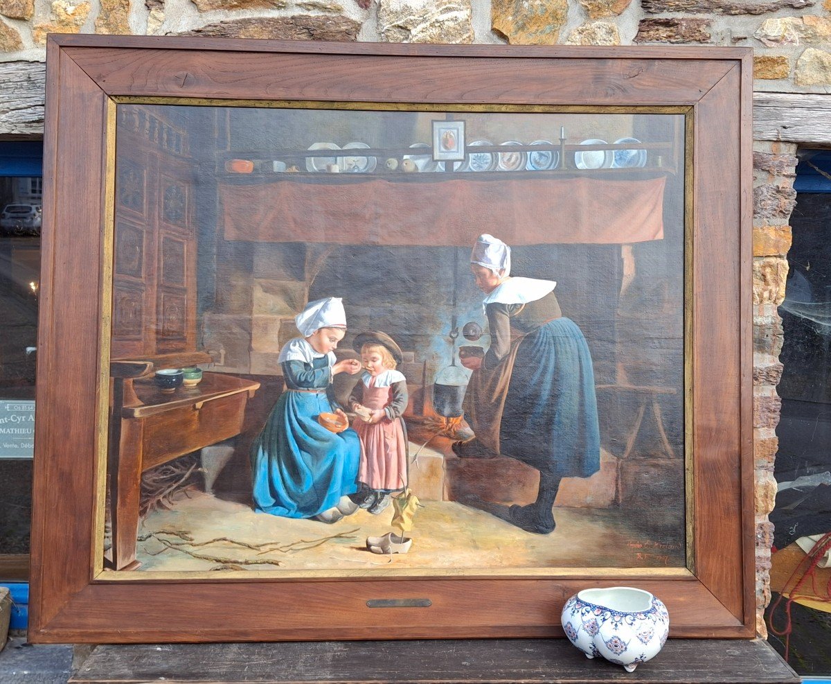 Grande Huile Sur Toile Scène De Genre Bretonne Tableau