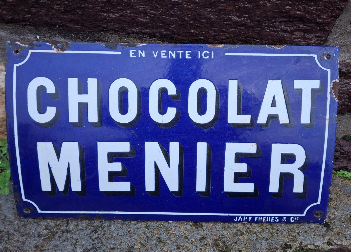 Plaque émaillée Publicitaire Ancienne Chocolat Menier Japy Frères 