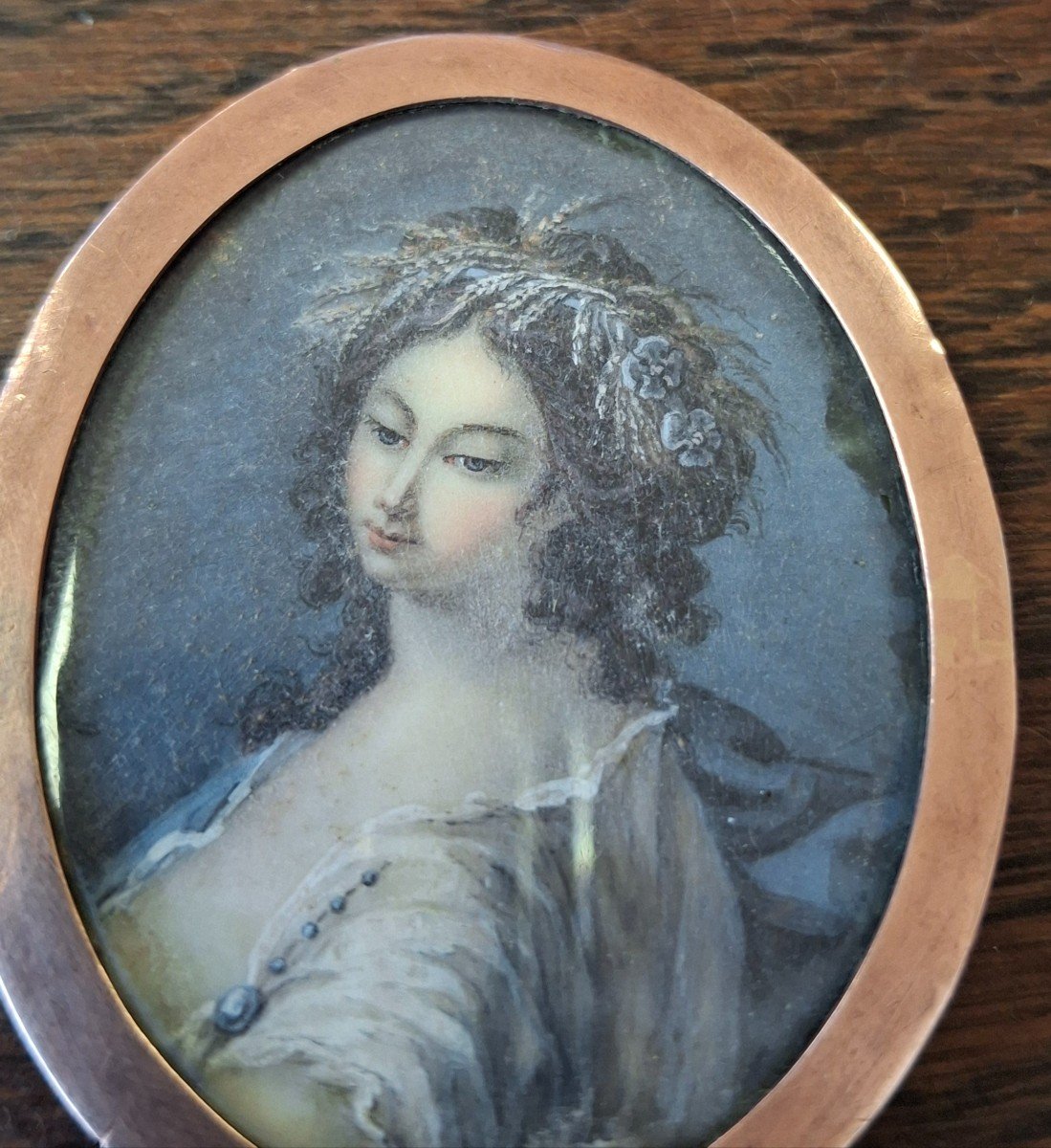 Miniature Portrait Of A Woman, 18th Century, Rose Gold Frame, Dated 1786-photo-3