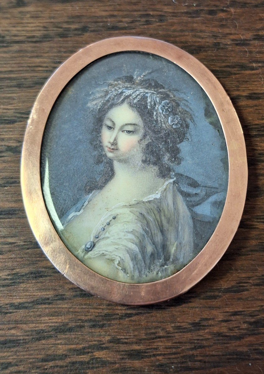 Portrait De Femme Miniature XVIIIe Cadre En Or Rose Daté 1786