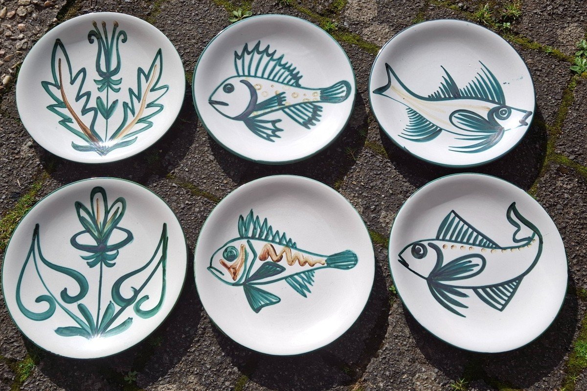 Set Of 6 Robert Picault Fish And Flower Plates