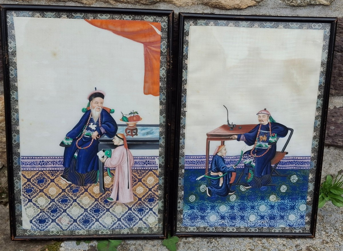 Pair Of Gouache On Rice Paper Canton 19th Century 