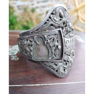 Cuff Bracelet In Chinese Silver Decor Of Dragons