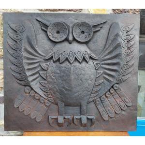 Large Modernist Owl Fireplace Plate Signed Lucas