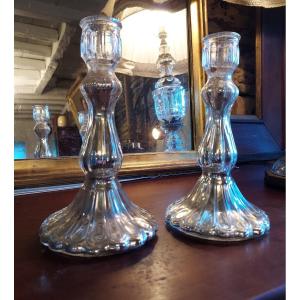 Pair Of églomisé Glass Candlesticks