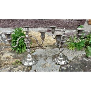 Pair Of Candelabra With 3 Lights In Silver Metal 