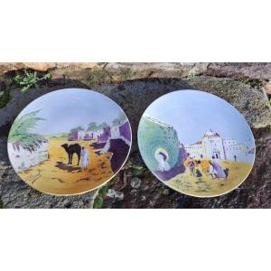 Pair Of Orientalist Plates Signed J. Chenot For Kg In Lunéville 