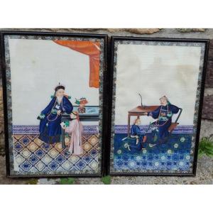 Pair Of Gouache On Rice Paper Canton 19th Century 