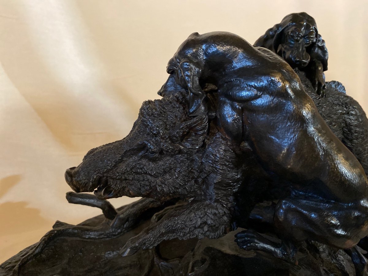 Bronze Moigniez Sanglier  au Ferme par 3 Chiens Chasse -photo-4
