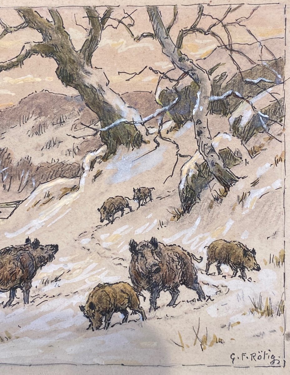 Rotig Georges Frédéric Wild Boars Under The Snow Watercolor Ink-photo-3