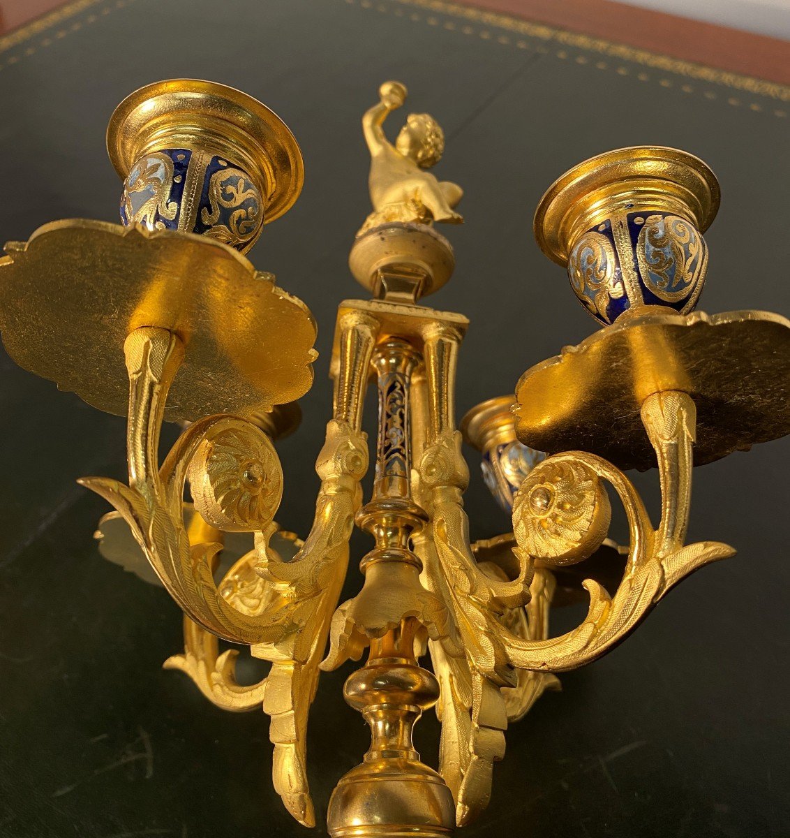 Pair Of Napoleon III Bronze Candlesticks Decorated With Cloisonne Enamels-photo-5