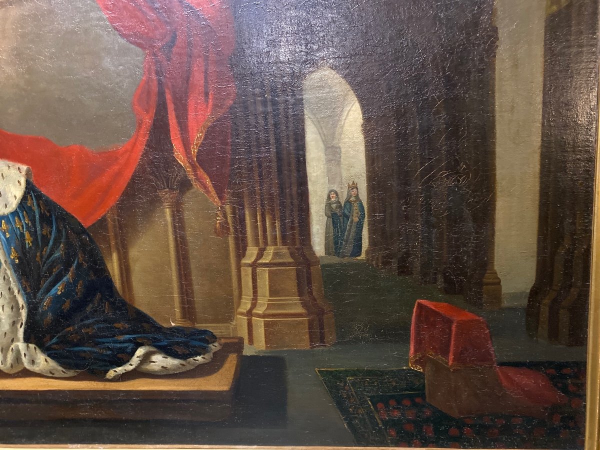 Tableau, huile sur toile, Représentant Saint-Louis En Prière , XIXème siècle.-photo-1