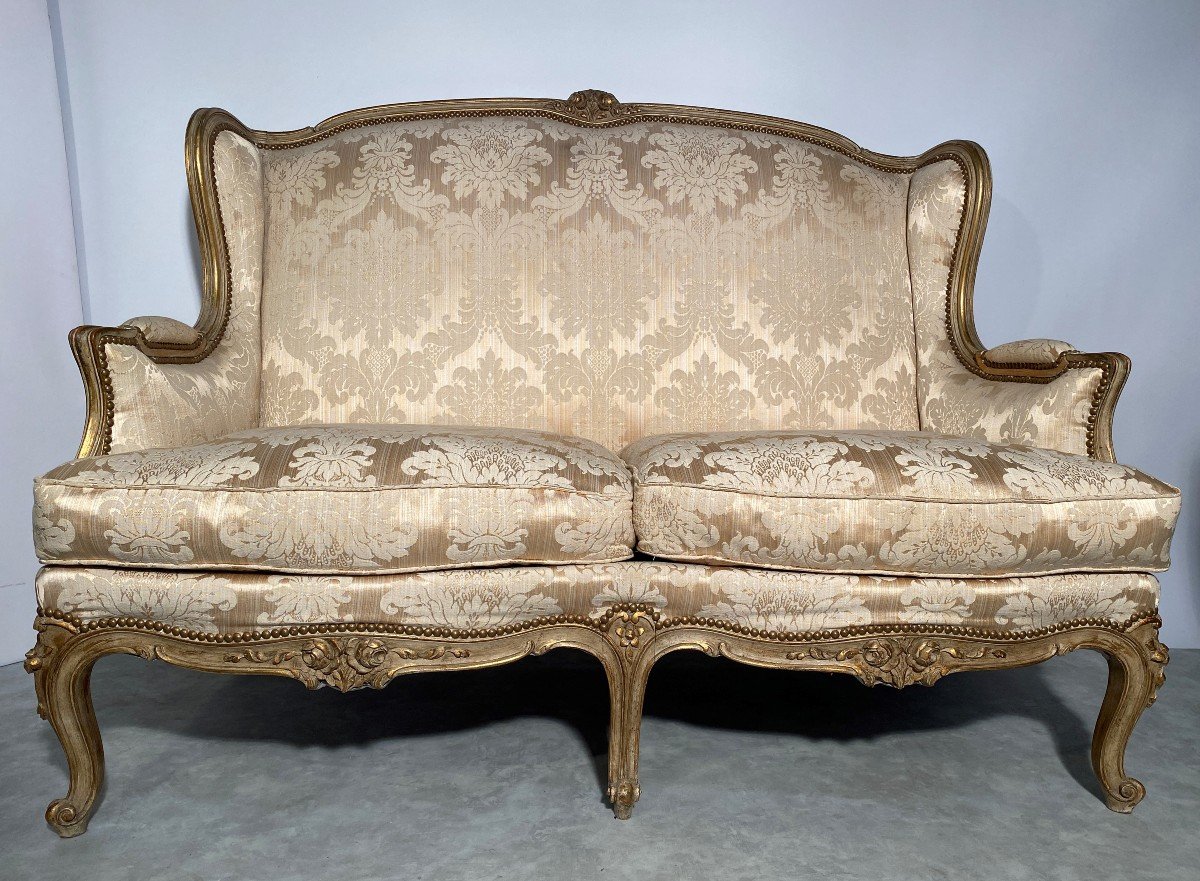 Paire De Bergères Et Un Canapé, Tissus En Coton et viscose façon Soie, Style Louis XV. -photo-3