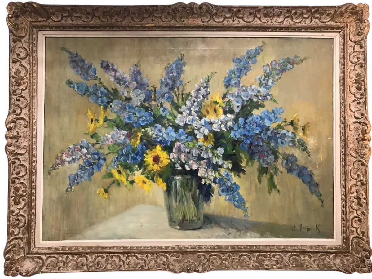 Grand Tableau, Huile Sur Toile, Bouquet De Fleurs, Signé Barjan 