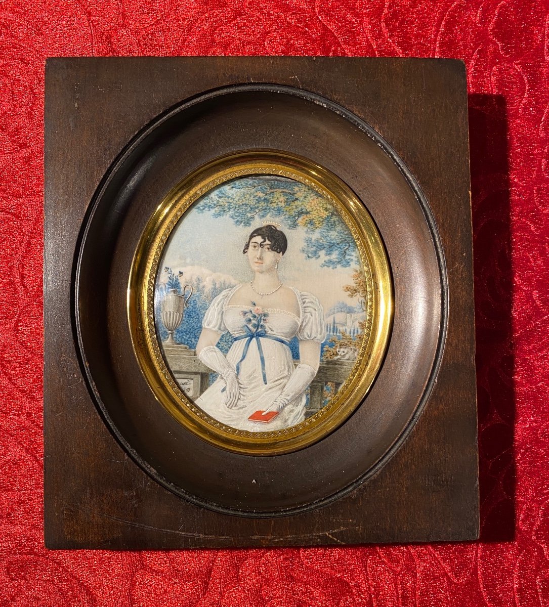 19th Century Miniature Of A Woman In A Dress Wearing A Comb Against A Landscape Background-photo-2