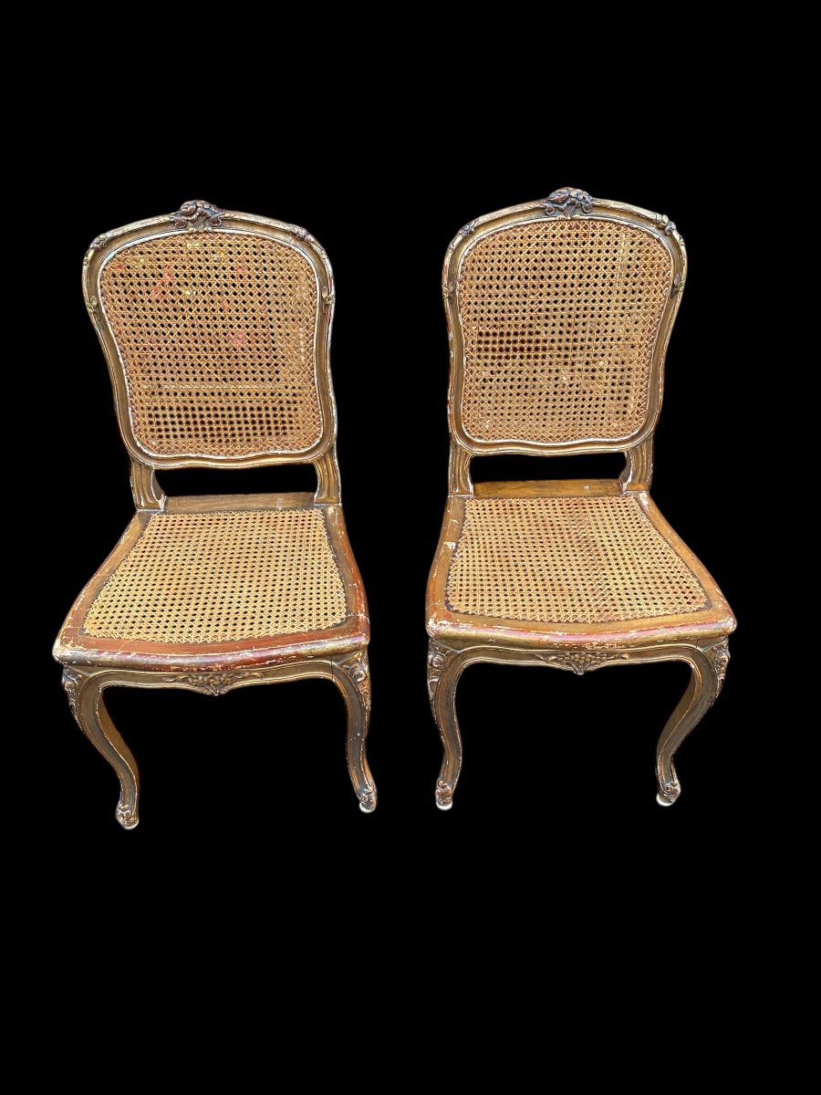 Pair Of Caned Chairs In Gilded Wood -photo-2